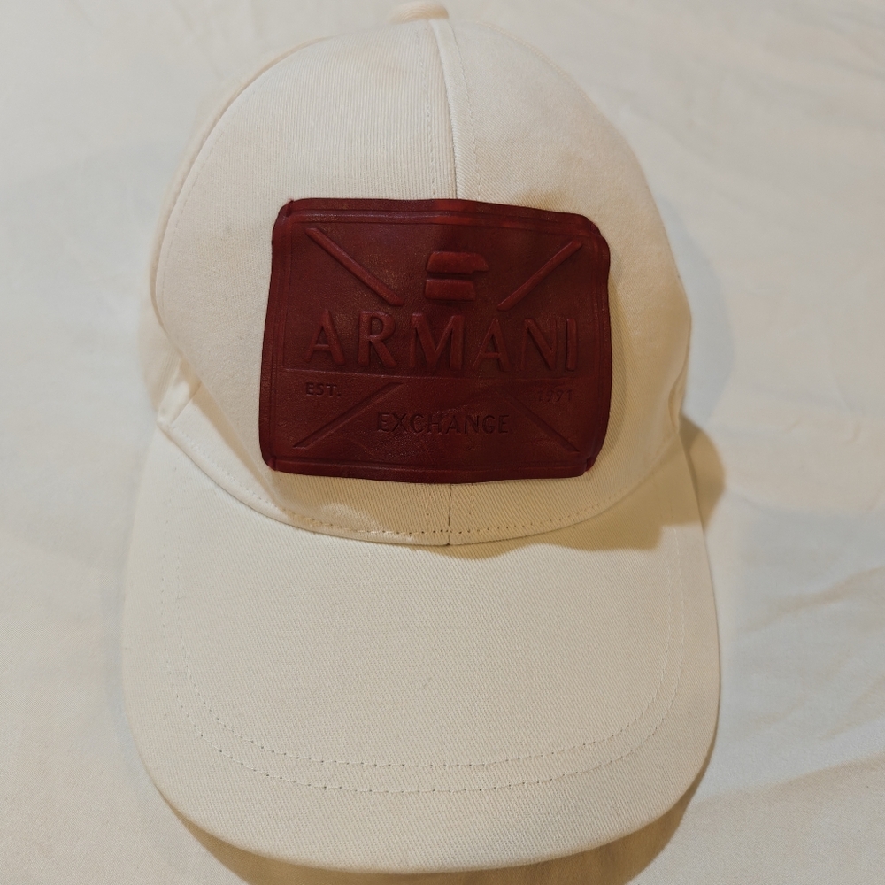 Armani Exchange A/X White Cap With Red Leather Patch Logo